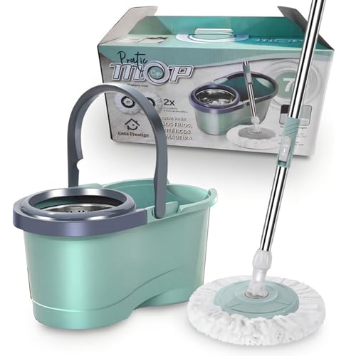Casa Prestige Mop Balde Giratório Pró Verde com Centrífuga em Inox com 2 Refis Microfibra Balde 7 Litros Cabo 140cm