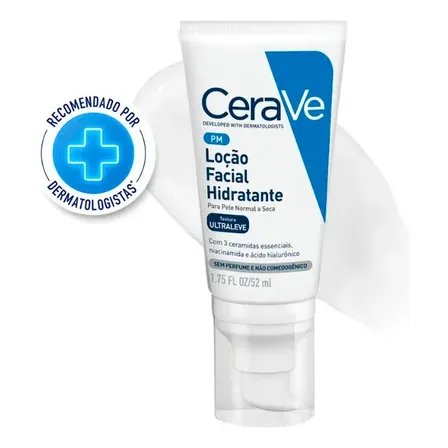 Loção Facial Hidratante Pm, Textura Ultraleve, Hidratação Suave E Rápida Absorção, Com Ceramidas Essenciais E Ácido Hialurônico, Sem Perfume E Hipoalergênica, Cerave 52ml Normal A Seca Dia/noite