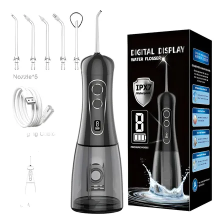 Irrigador Oral Portátil Ipx7 De 400ml Com Jato Forte Pulsado 8 Modos, 5 Bicos,bivolt Para Limpeza Bucal E Prótese Dentária Preto 127/220v