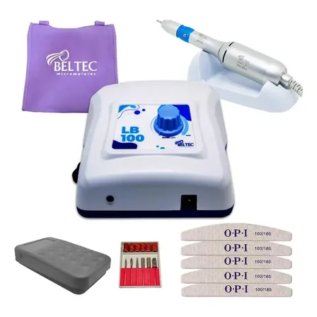 Micro Motor Beltec Lb 100 Elétrico Podologia Kit De Brocas Branco Azul Liso