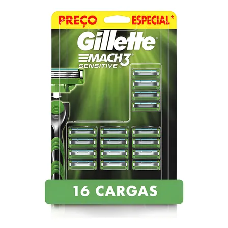 Carga Aparelho De Barbear Gillette Mach3 Sensitive Com Aloe 16 Unidades